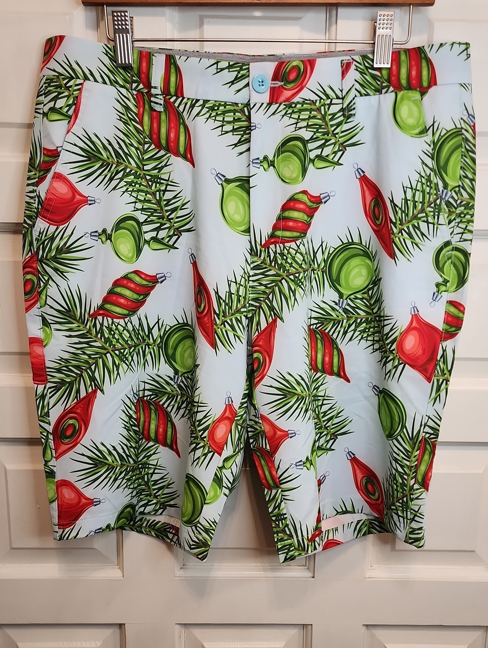 HERESKI Men's Holiday Ornament Swim Board Shorts Blue Red & Green & Pine Boughs